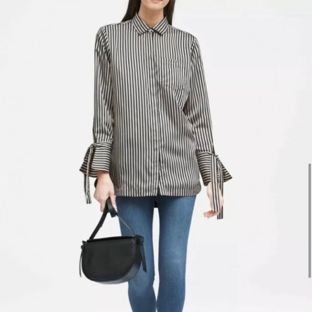 Banana Republic Parker Tie-Sleeve Striped Satin Button Blouse